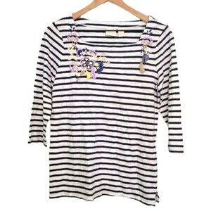 Chico's Striped Embroidered 3/4 Length Sleeve Top Size 1 - Medium Cotton Modal